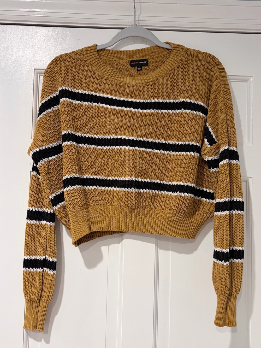 Ambiance Apparel Mustard Striped Crop Crewneck Sweater Medium